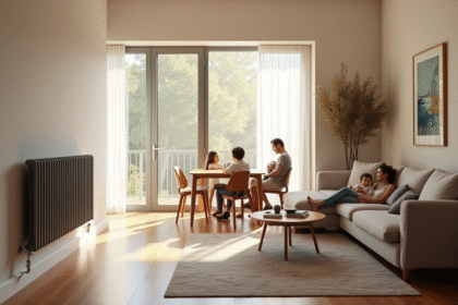 Salon moderne avec radiateur électrique et famille confortable