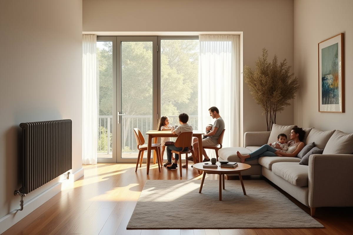 Salon moderne avec radiateur électrique et famille confortable