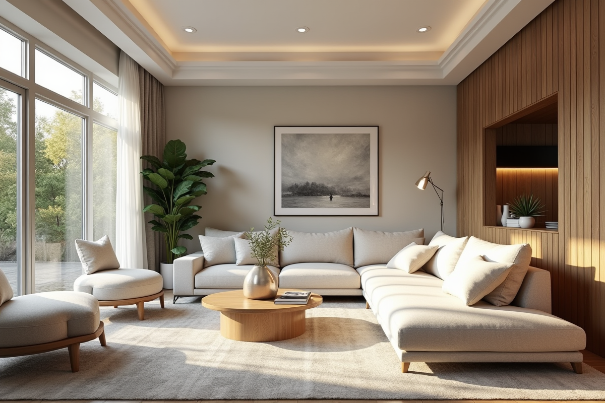 Salon spacieux et lumineux avec mobilier cosy et grandes fenêtres verdoyantes