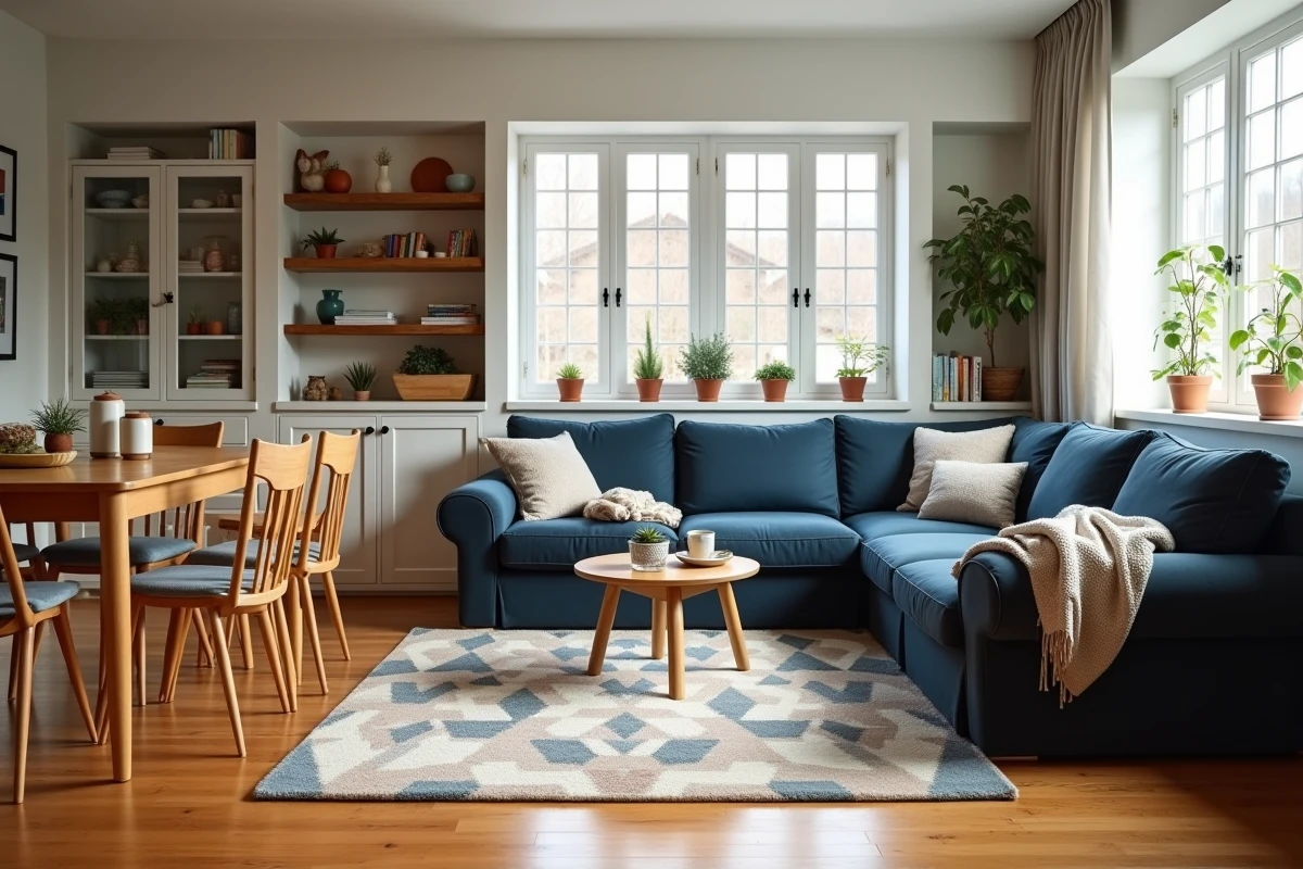 Salon salle à manger familial chaleureux avec canapé d'angle, table en bois massif et décoration pratique adaptée aux enfants