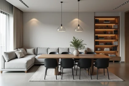 Salon salle à manger moderne aménagé pour un couple actif avec canapé modulable gris, table en chêne et décoration minimaliste