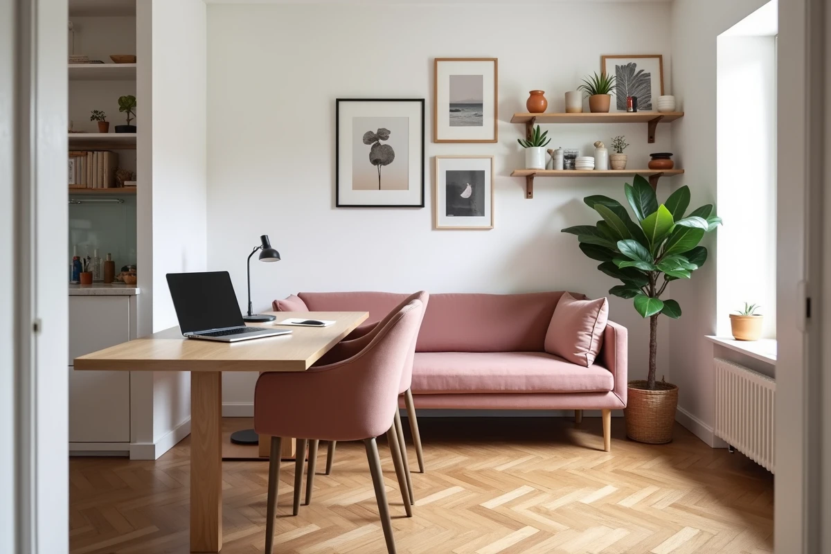 Petit salon salle à manger multifonctionnel aménagé pour le télétravail avec table extensible, canapé compact et rangements ouverts