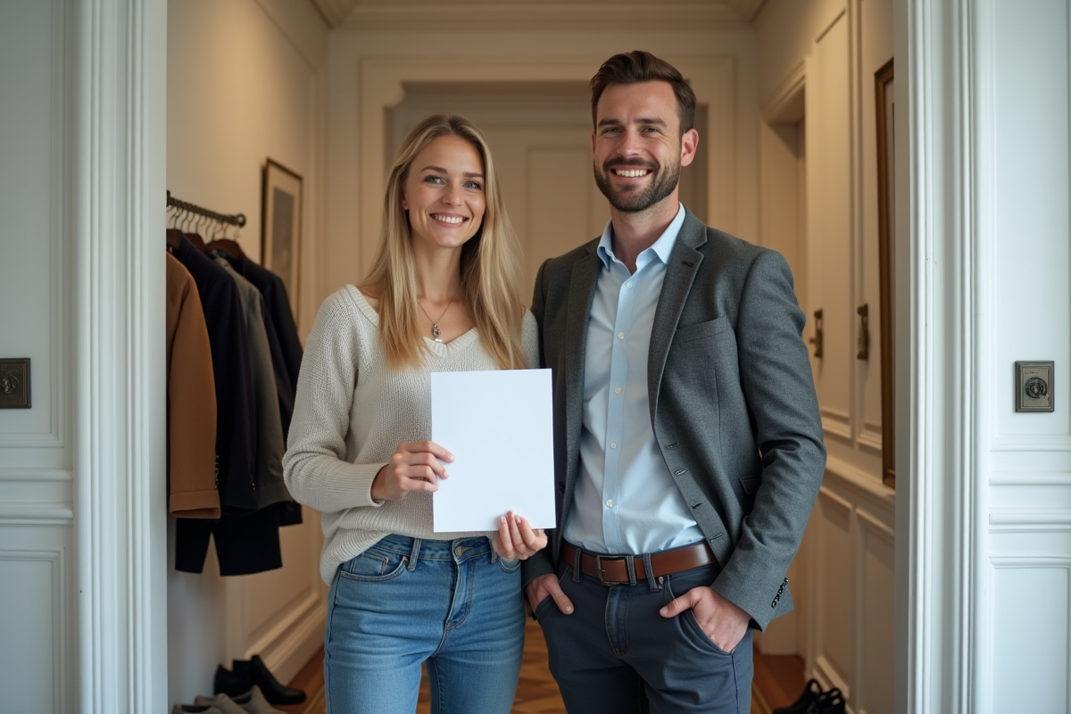 Jeune femme et homme tiennent un contrat de colocation avec clés