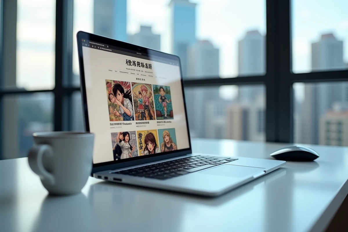 Écran d'ordinateur portable affichant un site de lecture de manga avec des planches d'action sur un bureau minimaliste