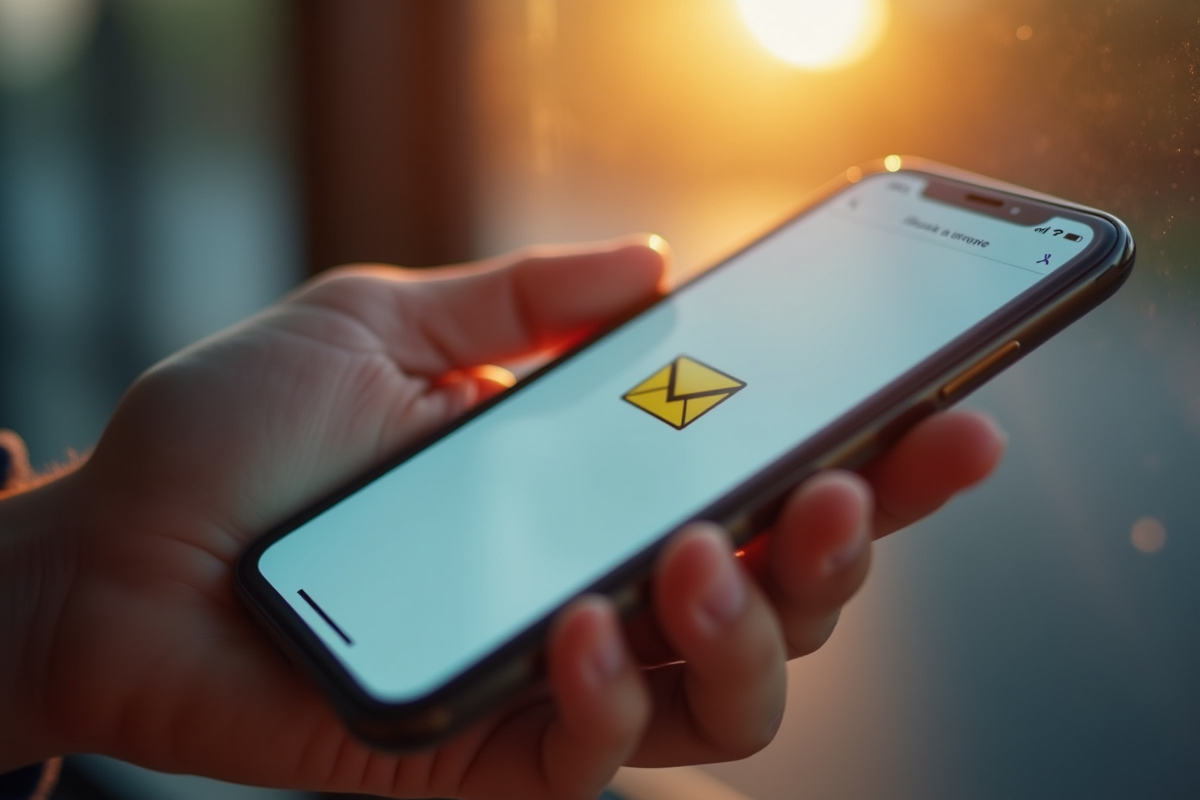 Gros plan sur un smartphone affichant une boîte mail claire et lumineuse