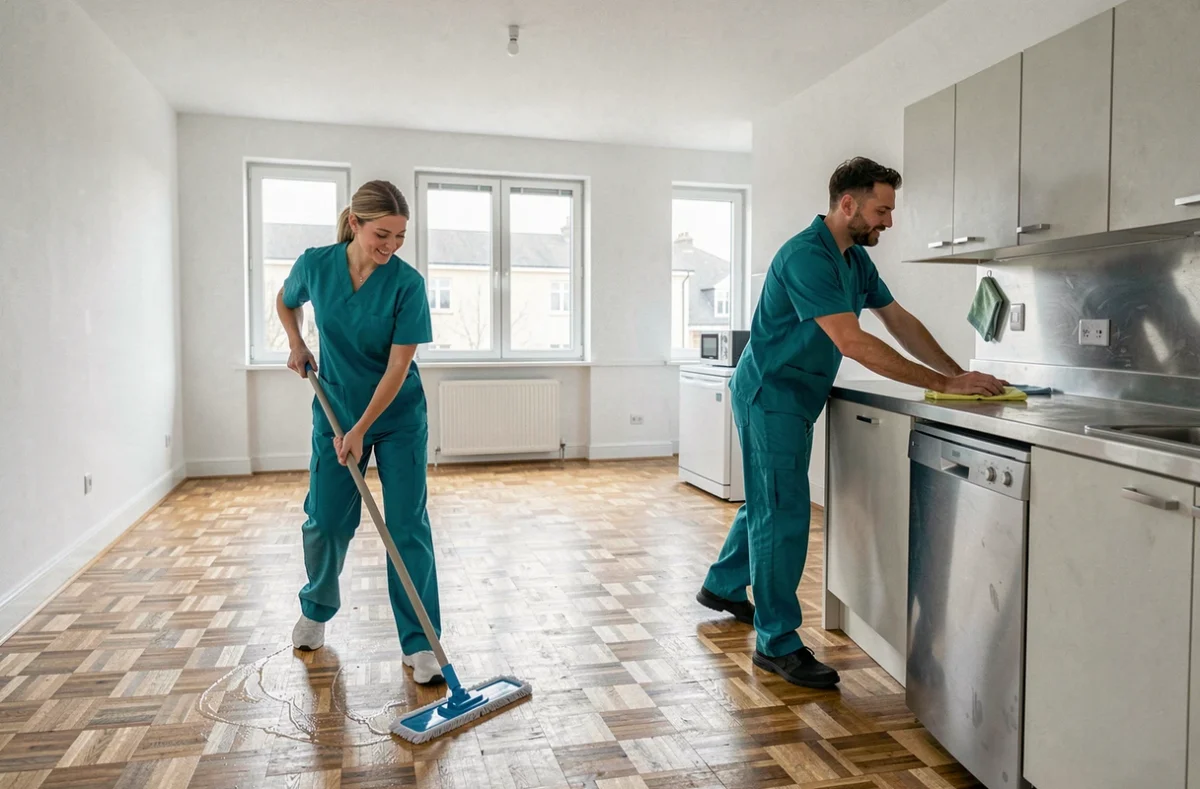 Duo de SOS Débarras Nettoyage effectuant un nettoyage professionnel dans un appartement vidé