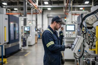 Technicien en combinaison inspectant un bras robotique en usine