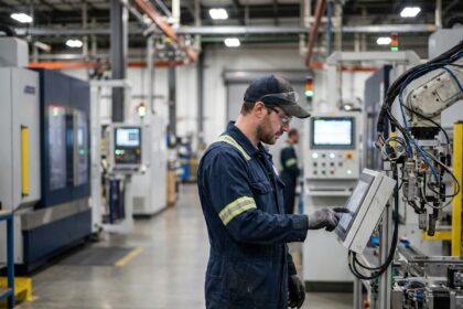 Technicien en combinaison inspectant un bras robotique en usine
