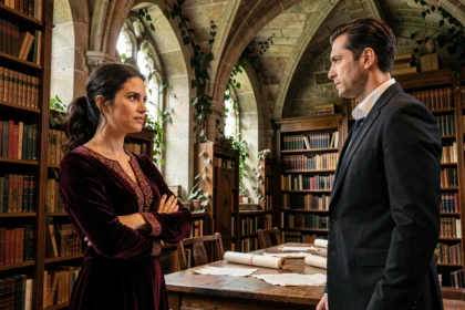 Femme en robe bordeaux et homme en tenue sombre s'affrontant du regard dans une bibliothèque médiévale aux étagères chargées de vieux livres — tension enemies to lovers en romantasy