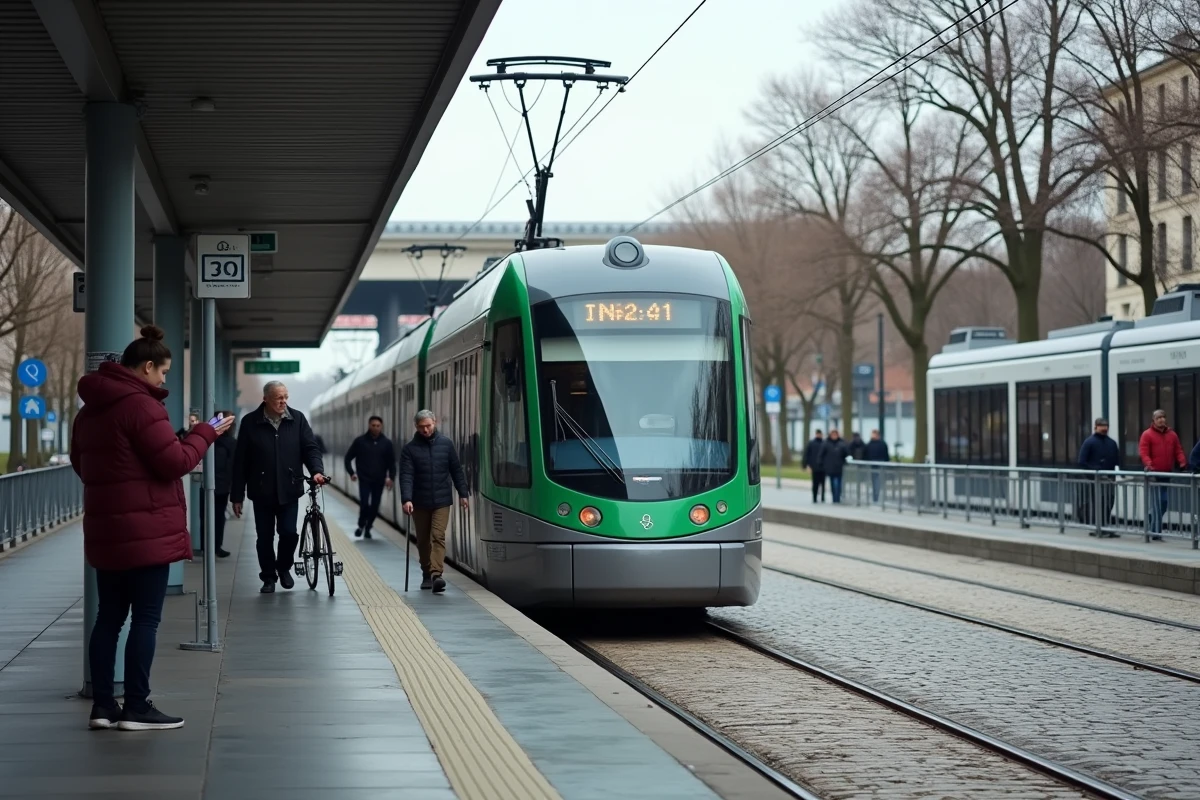 Station de tramway en correspondance avec la ligne 6 du métro parisien en hiver