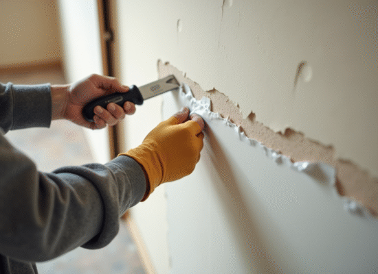Ouvrier appliquant du ruban renforcé sur un mur en plâtre