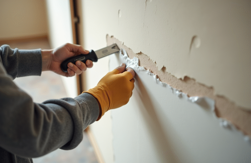 Ouvrier appliquant du ruban renforcé sur un mur en plâtre