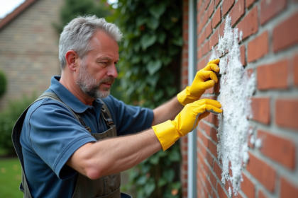 Ouvrier en tenue de travail appliquant un traitement sur un mur en briques anciennes
