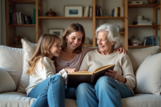 Trois générations de femmes partageant un album photo