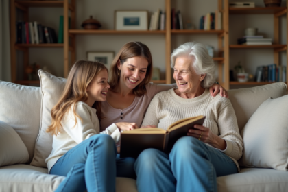 Trois générations de femmes partageant un album photo