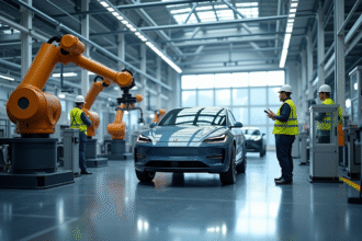 Usine moderne de voitures électriques en Europe avec robots