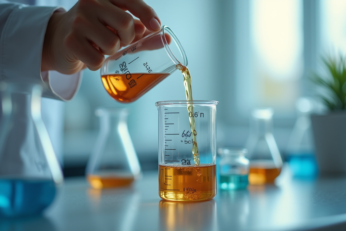 Versement de liquide dans un cylindre gradué en cuisine
