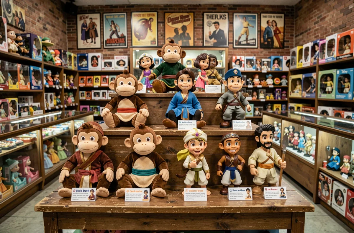 Vitrine de boutique de collectibles présentant des peluches et figurines du personnage Abu de Disney Aladdin sur des étagères en bois