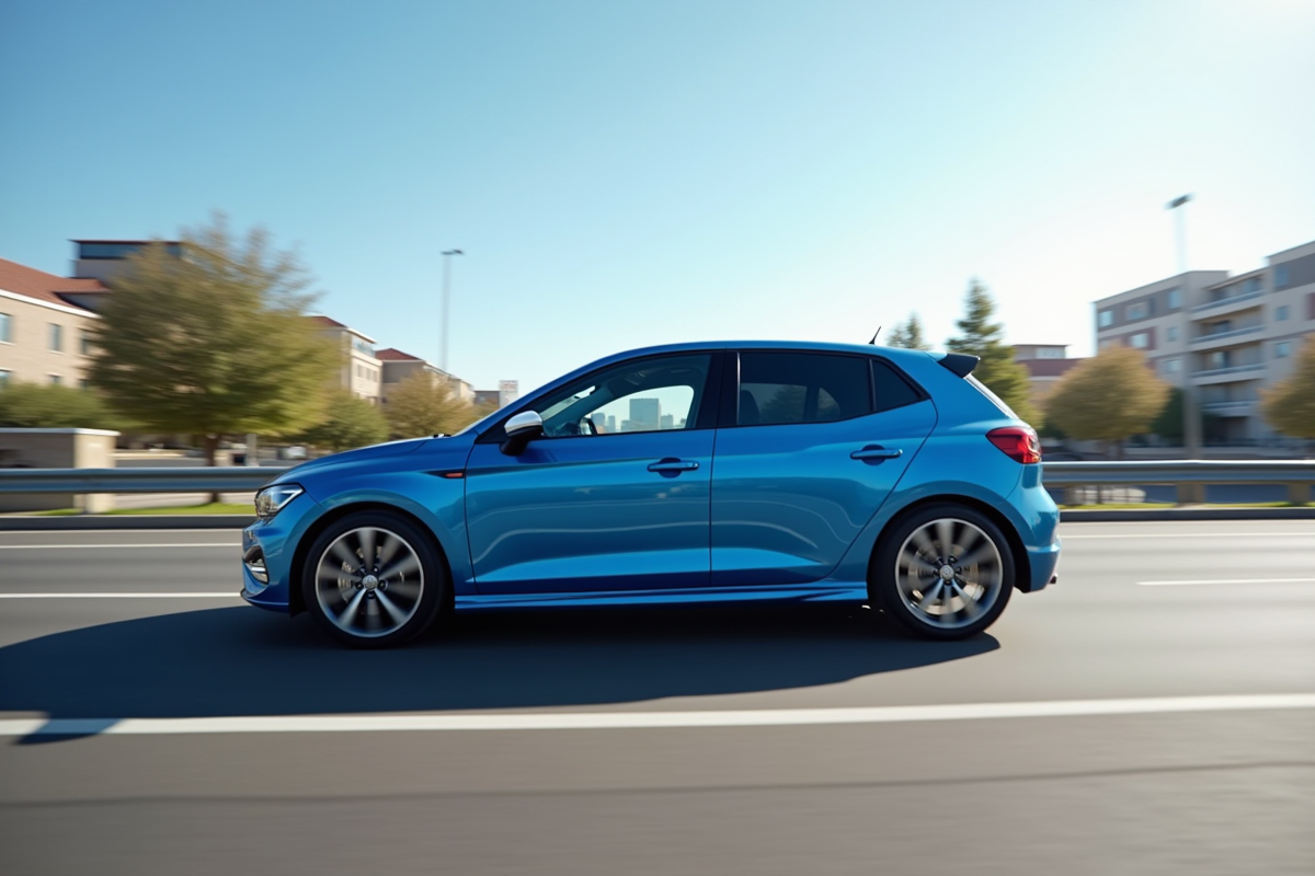 Voiture hatchback bleue roulant en ville en journée