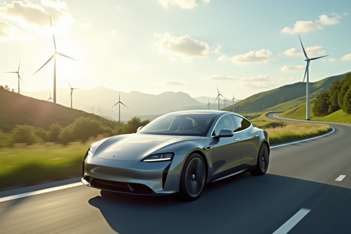 Voiture électrique sur une route panoramique en Europe avec paysages verts