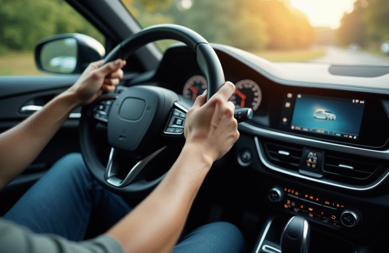 Conducteur tenant le volant d'une voiture moderne intérieur