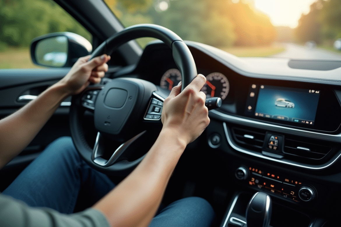 Conducteur tenant le volant d'une voiture moderne intérieur