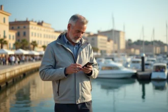 Voyageur musulman consultant les horaires de prière sur son téléphone au bord du port de Toulon