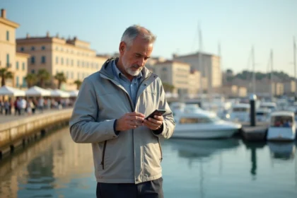 Voyageur musulman consultant les horaires de prière sur son téléphone au bord du port de Toulon