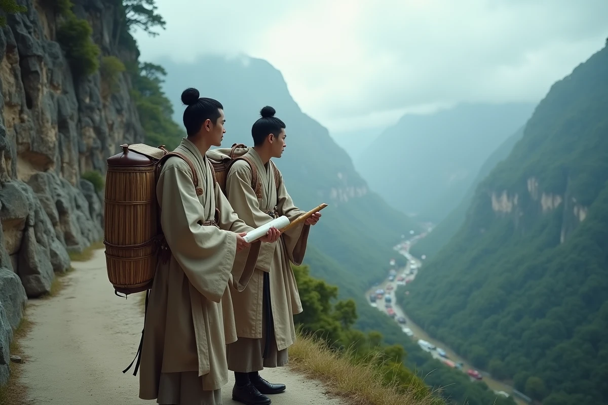 Deux voyageurs en costumes traditionnels asiatiques sur un sentier de montagne escarpé consultant une carte ancienne, évoquant le Voyage en Occident
