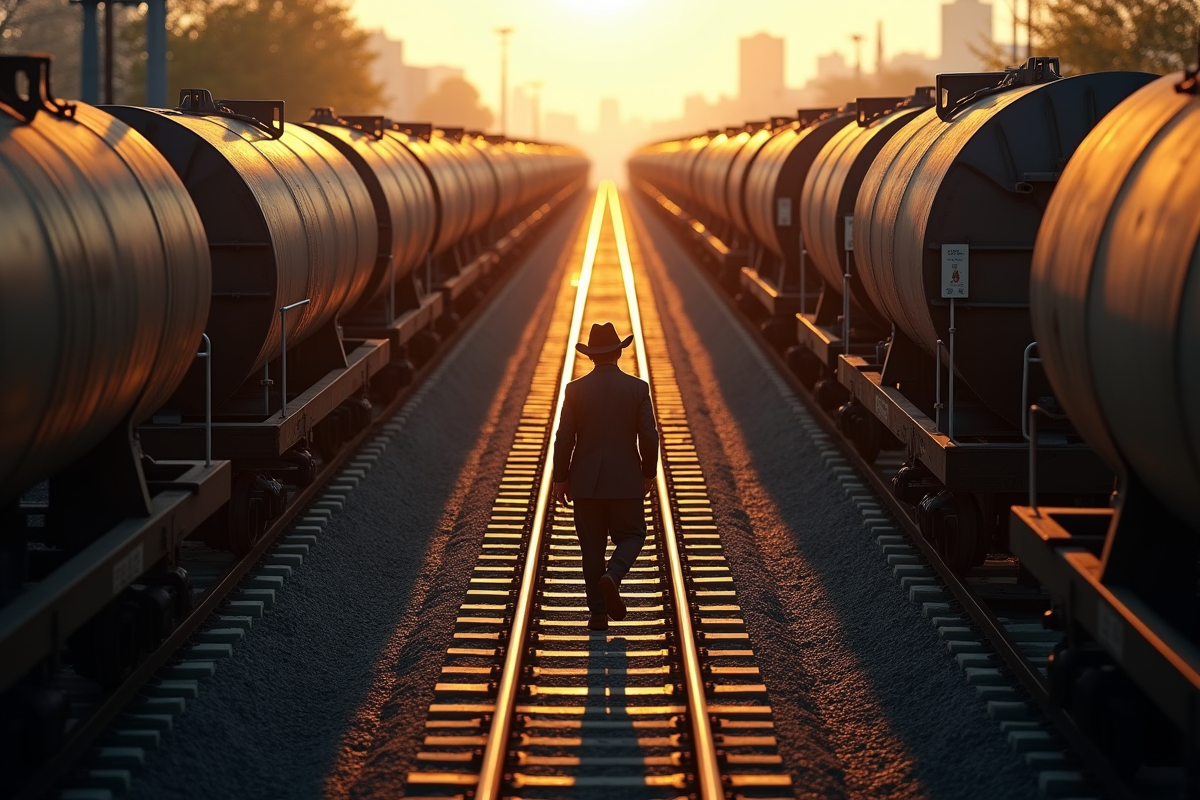 Wagoniste marchant entre les rails au lever du soleil